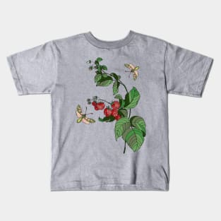 Botanical illustration: raspberry plant and butterflies Kids T-Shirt